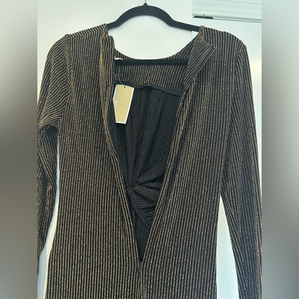 NWT Michael Kors Dimond Lurex Black/Gold Knit Twist Front Dress Size M - Picture 8 of 9
